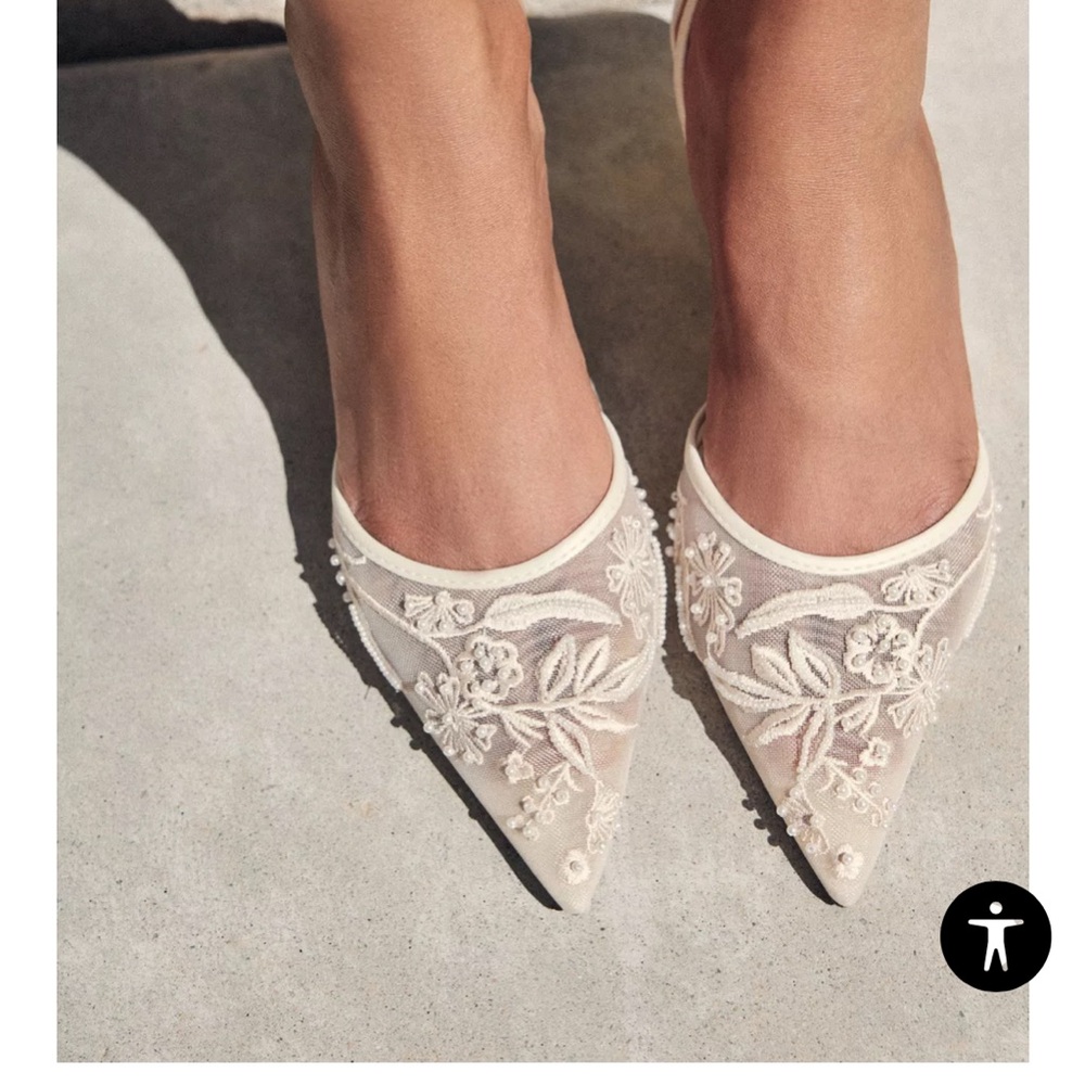 Zara Cream Embroidered Bridal Slingback Shoes NWT